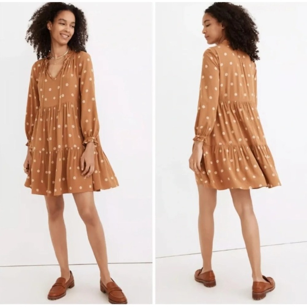 Madewell Tie-Neck Tiered Mini Dress Bloom Dot Ruffle V-Neck Long Sleeve Brown S